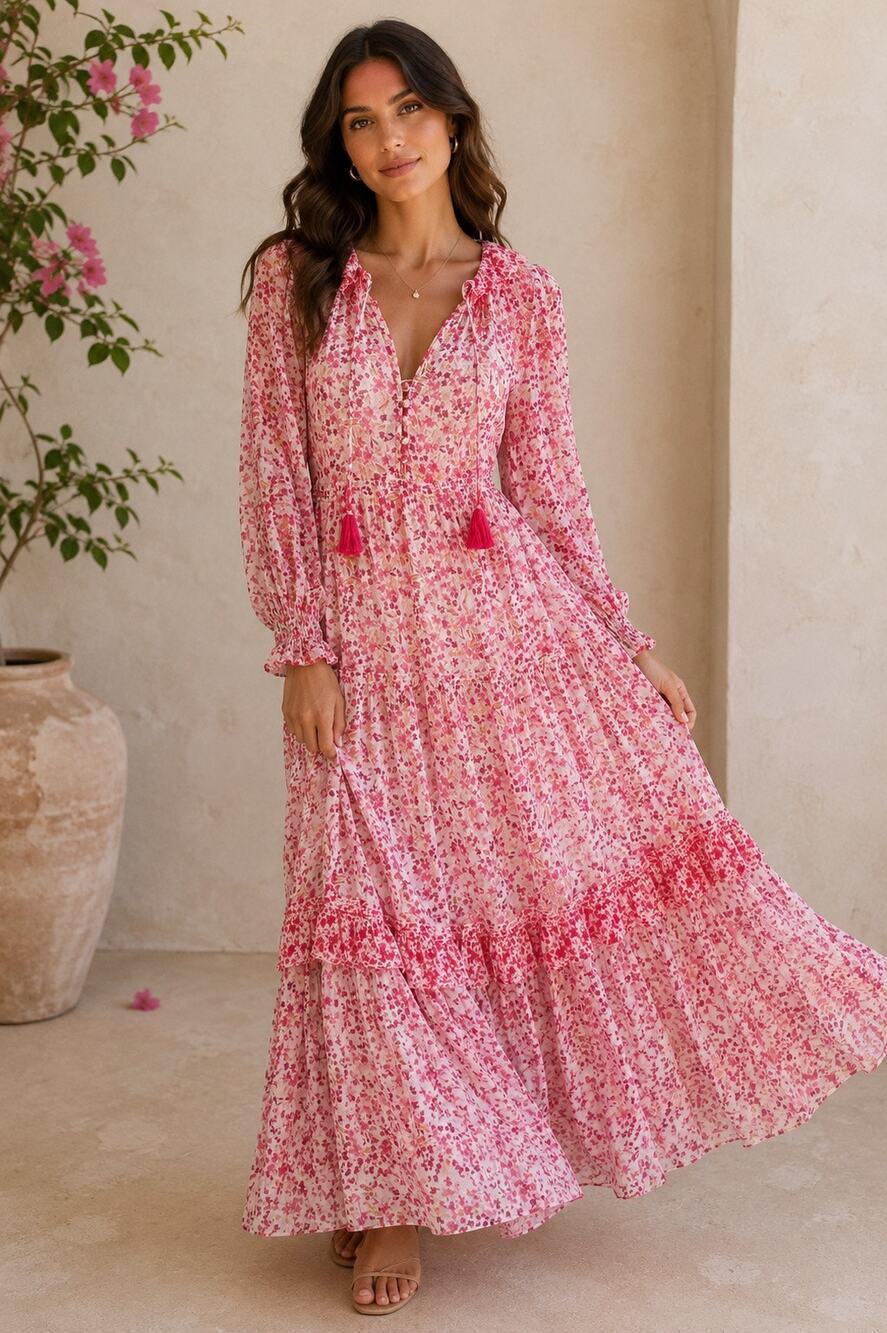 Anthropologie Marais Printed Chiffon Floral Maxi Dress Pink Boho Tassel S